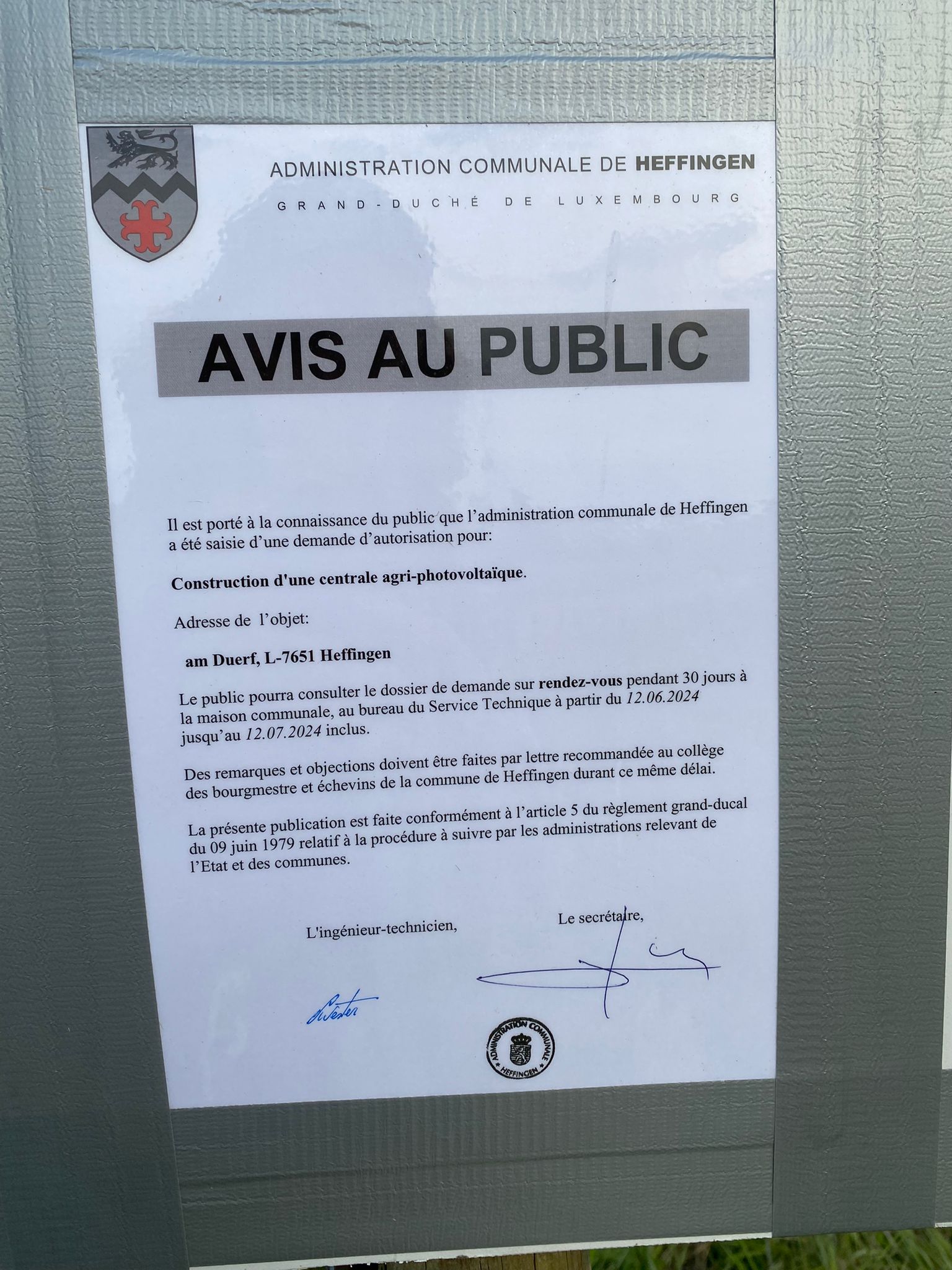 Consultatioun du dossier concernant la construction d’une centrale agri-photovoltaïque du12.06.2024 – 12.07.2024 à la mairie